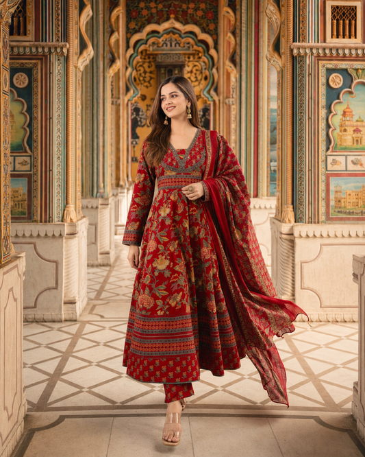 REDISH FLORISH DRESS IN COTTON - SET OF 3 - RED
