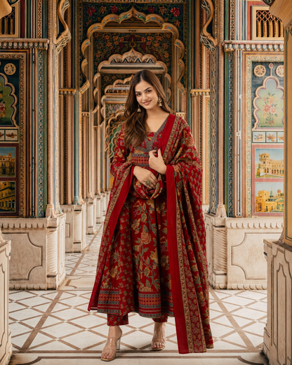REDISH FLORISH DRESS IN COTTON - SET OF 3 - RED