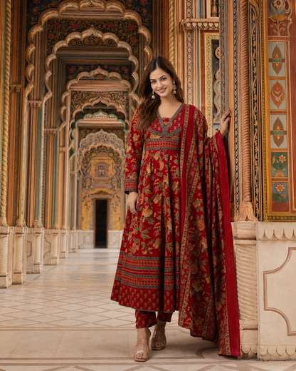 REDISH FLORISH DRESS IN COTTON - SET OF 3 - RED