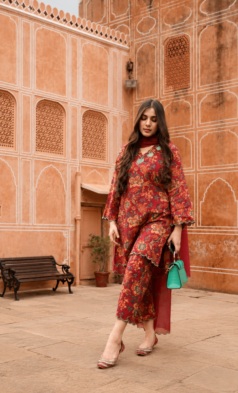 MAARIA - MAROON CONTRAST GREEN SCALLOPS CO-ORD SET (2 Colors)