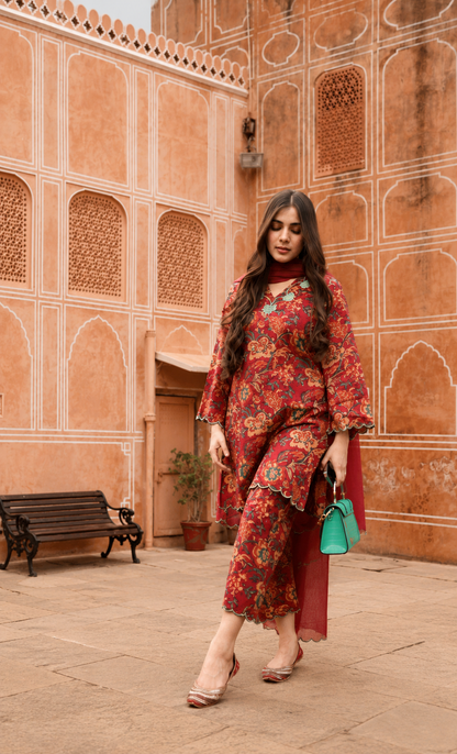 MAARIA - MAROON CONTRAST GREEN SCALLOPS CO-ORD SET (2 Colors)