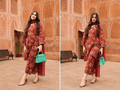MAARIA - MAROON CONTRAST GREEN SCALLOPS CO-ORD SET (2 Colors)