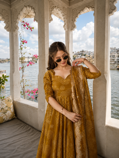 PRAAKSH - MUSTARD ANARKALI DRESS WITH WORK ON DUPATTA