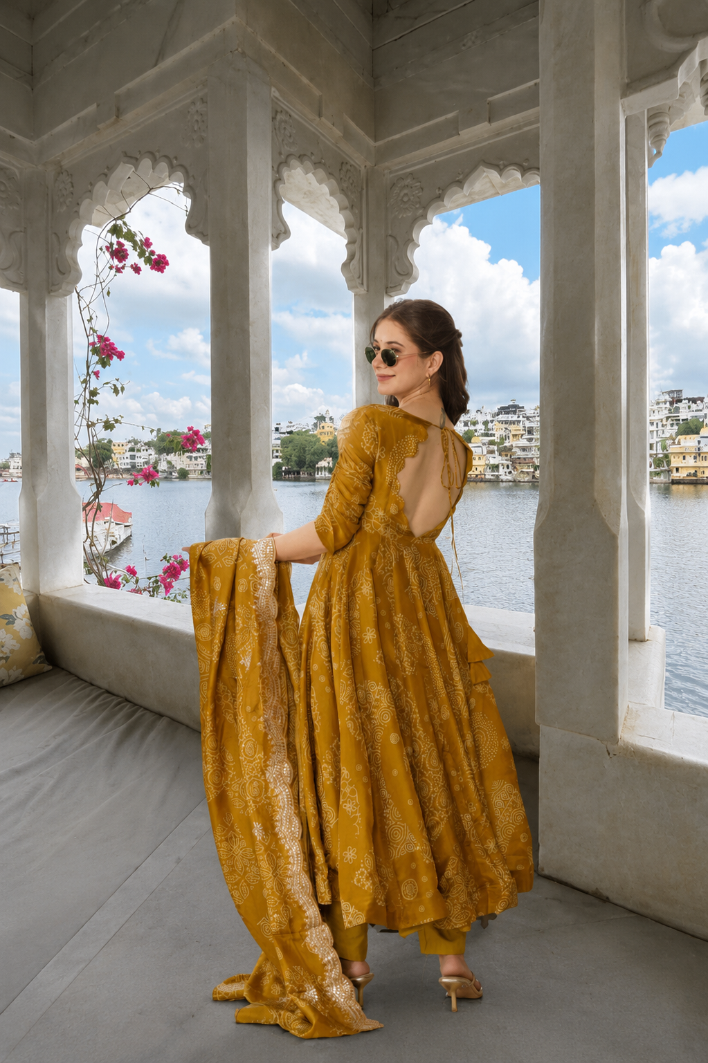 PRAAKSH - MUSTARD ANARKALI DRESS WITH WORK ON DUPATTA