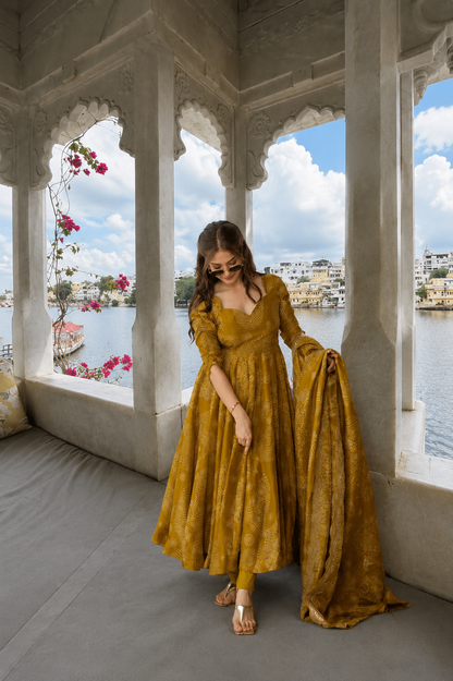 PRAAKSH - MUSTARD ANARKALI DRESS WITH WORK ON DUPATTA