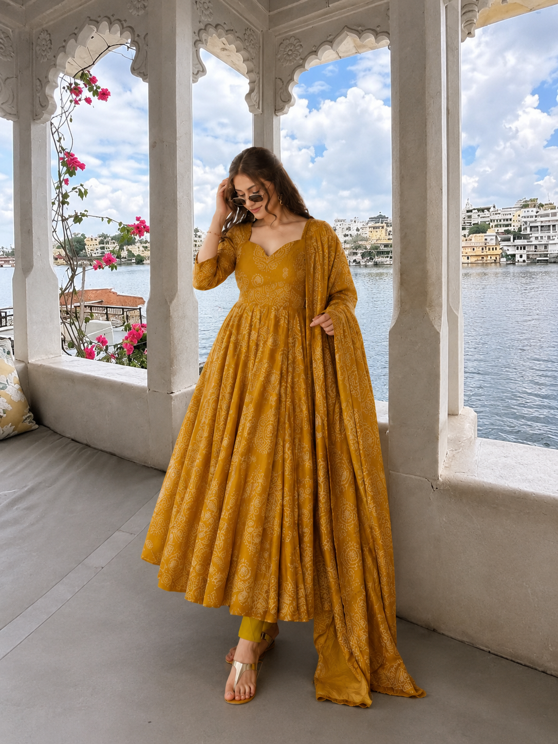 PRAAKSH - MUSTARD ANARKALI DRESS WITH WORK ON DUPATTA