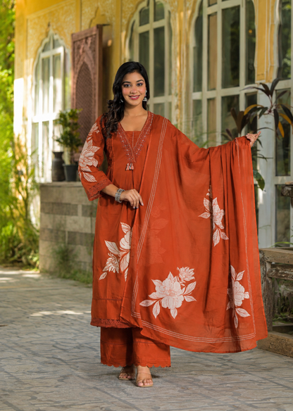COTTON FLOWER PRINT KURTA SET WITH DUPATTA