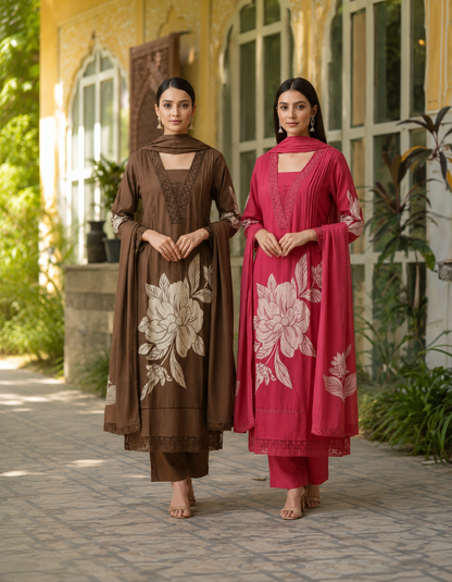 COTTON FLOWER PRINT KURTA SET WITH DUPATTA