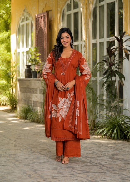 COTTON FLOWER PRINT KURTA SET WITH DUPATTA