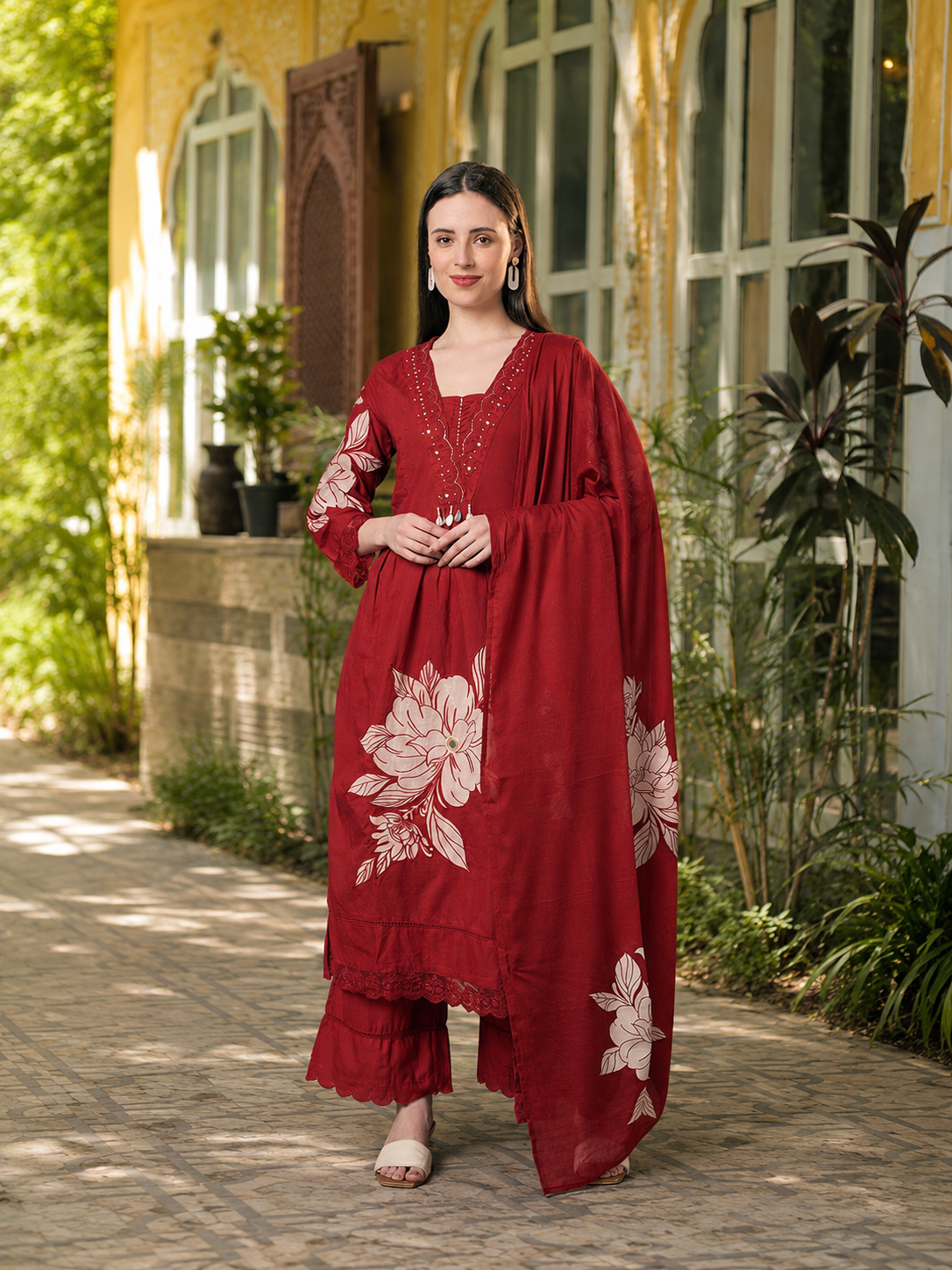 COTTON FLOWER PRINT KURTA SET WITH DUPATTA