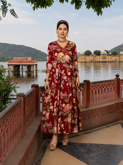 MAROON COTTON CALF LENGTH PRINTED AGRAKHA ANARKALI KURTA SUIT SET