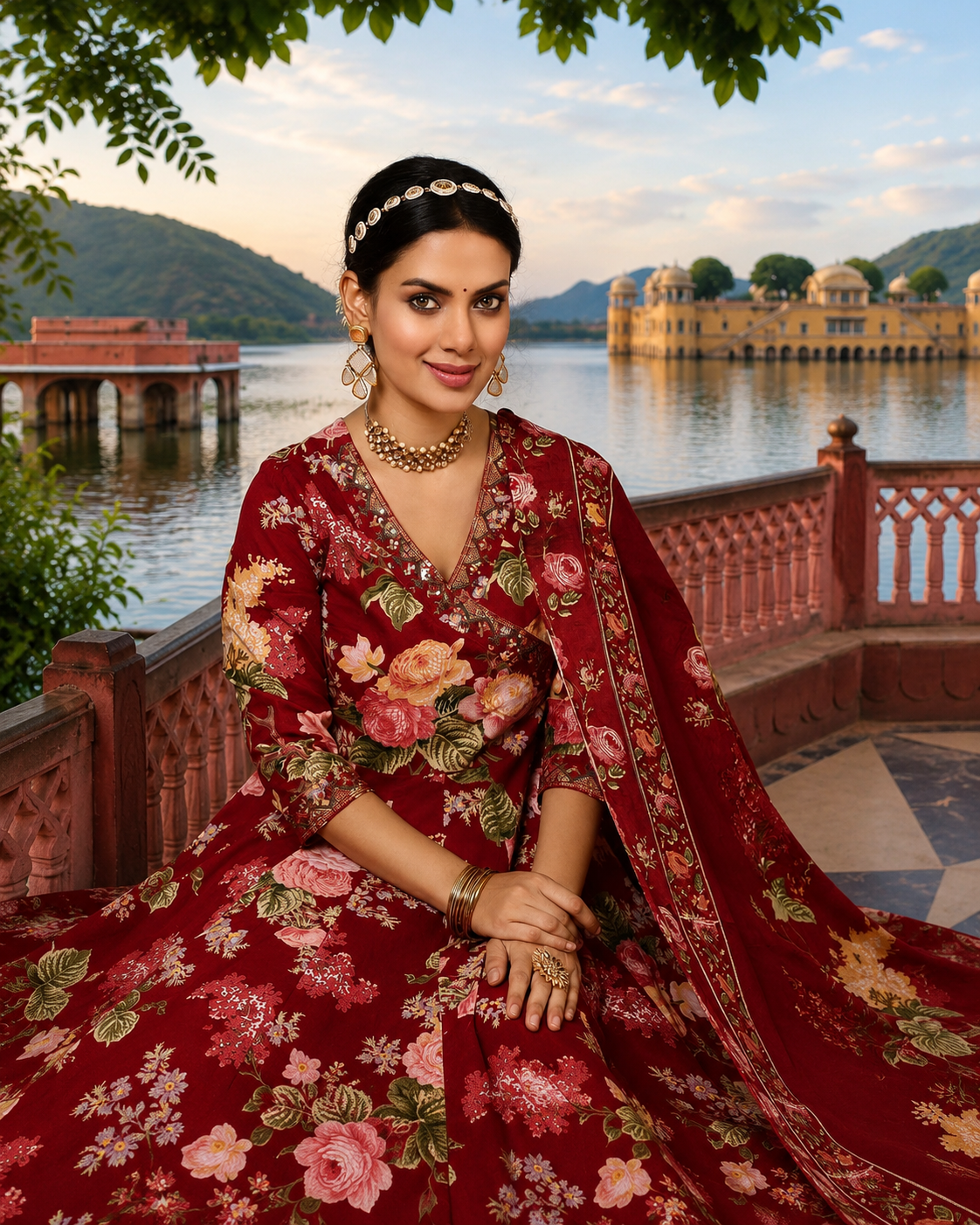 MAROON COTTON CALF LENGTH PRINTED AGRAKHA ANARKALI KURTA SUIT SET