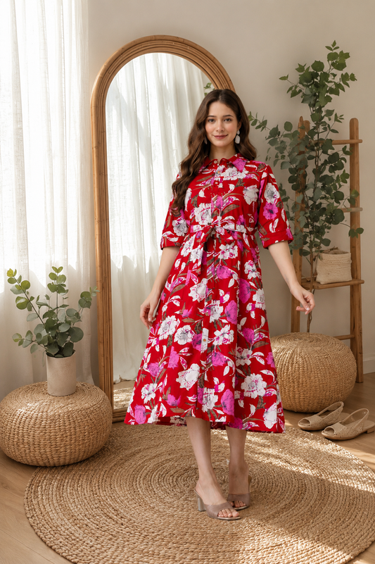 WOMEN COTTON FLORAL PRINTED FIT AND FLARE MIDI DRESS