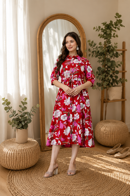 WOMEN COTTON FLORAL PRINTED FIT AND FLARE MIDI DRESS