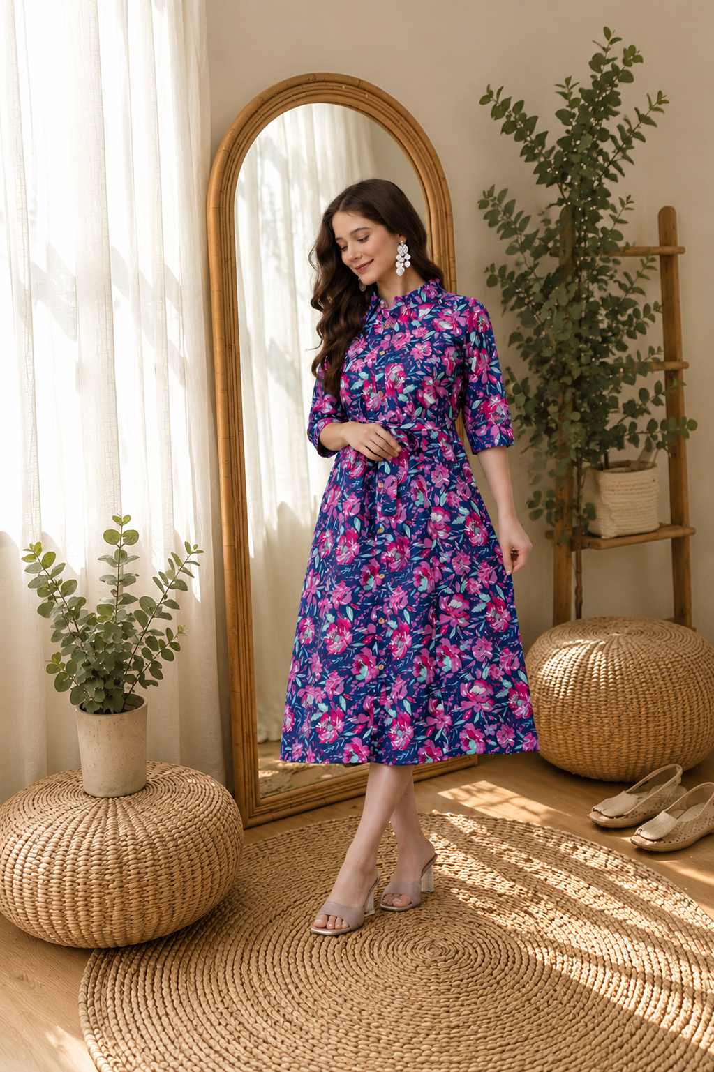 WOMEN COTTON FLORAL PRINTED FIT AND FLARE MIDI DRESS
