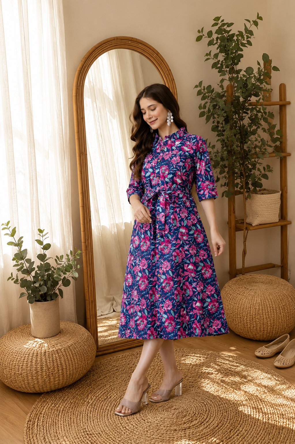 WOMEN COTTON FLORAL PRINTED FIT AND FLARE MIDI DRESS