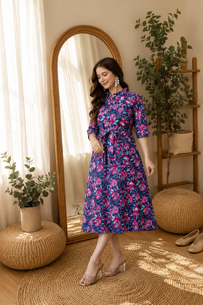 WOMEN COTTON FLORAL PRINTED FIT AND FLARE MIDI DRESS