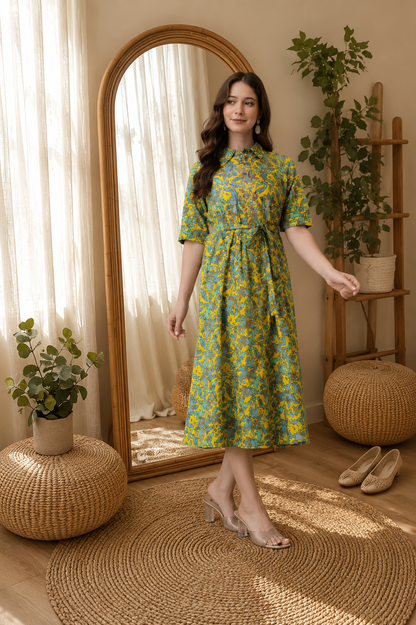 WOMEN COTTON FLORAL PRINTED FIT AND FLARE MIDI DRESS