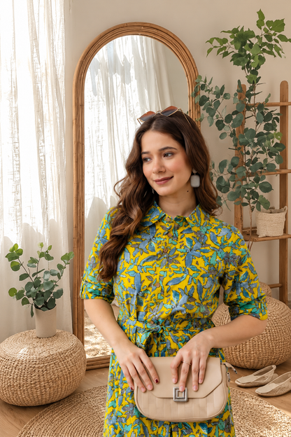 WOMEN COTTON FLORAL PRINTED FIT AND FLARE MIDI DRESS