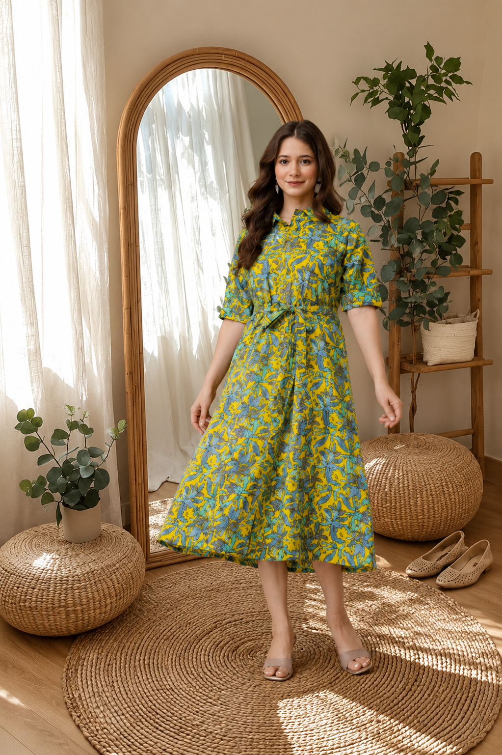 WOMEN COTTON FLORAL PRINTED FIT AND FLARE MIDI DRESS