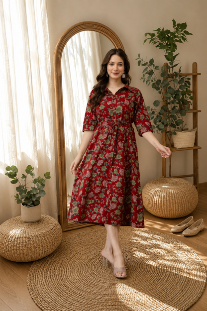 WOMEN COTTON FLORAL PRINTED FIT AND FLARE MIDI DRESS