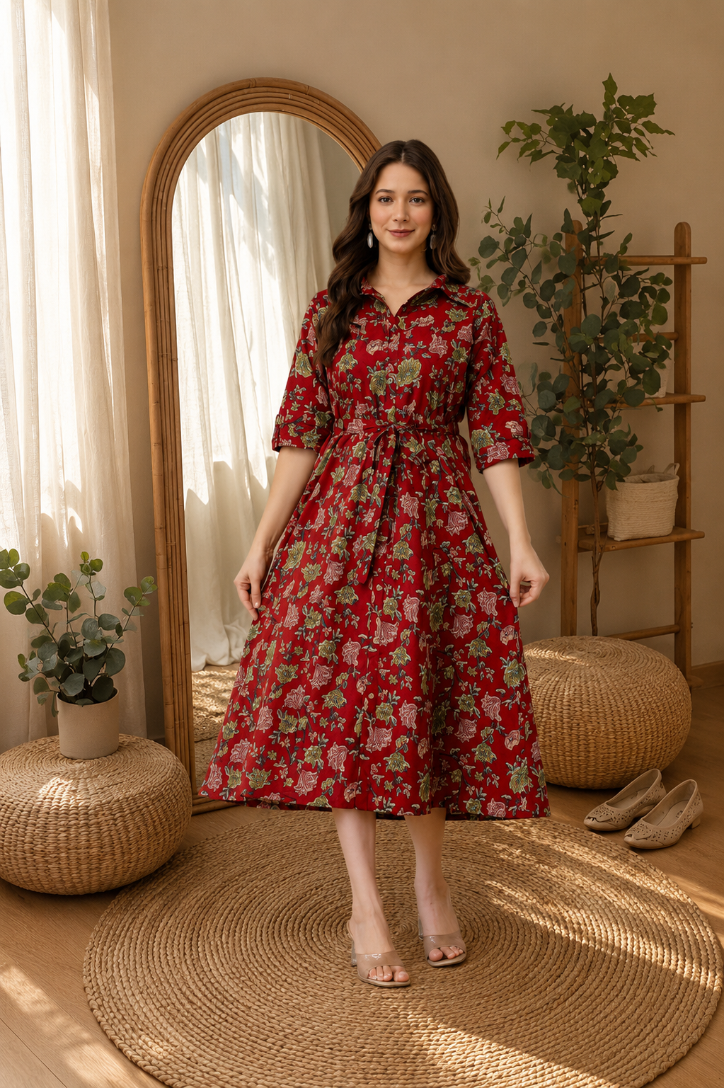 WOMEN COTTON FLORAL PRINTED FIT AND FLARE MIDI DRESS