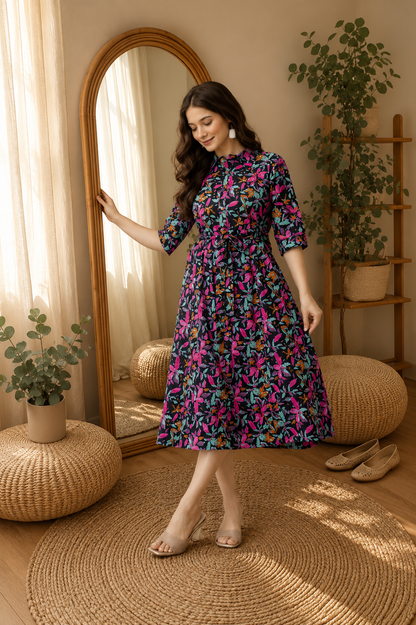 WOMEN COTTON FLORAL PRINTED FIT AND FLARE MIDI DRESS