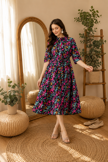 WOMEN COTTON FLORAL PRINTED FIT AND FLARE MIDI DRESS