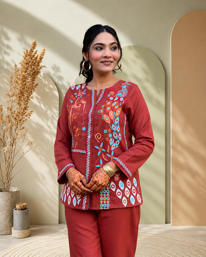 RUST PREMIUM COTTON CO-ORD SET WITH  EMBROIDERY WORK