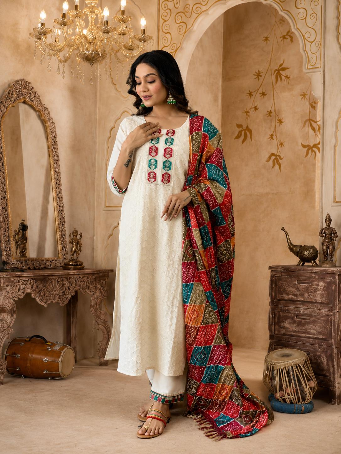 PEARLY WHITE COTTON CHIKANKARI KURTA - SET OF 3