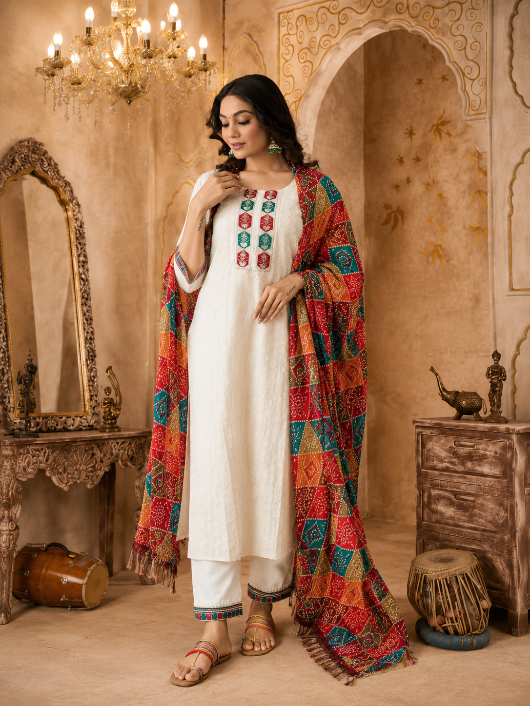 PEARLY WHITE COTTON CHIKANKARI KURTA - SET OF 3