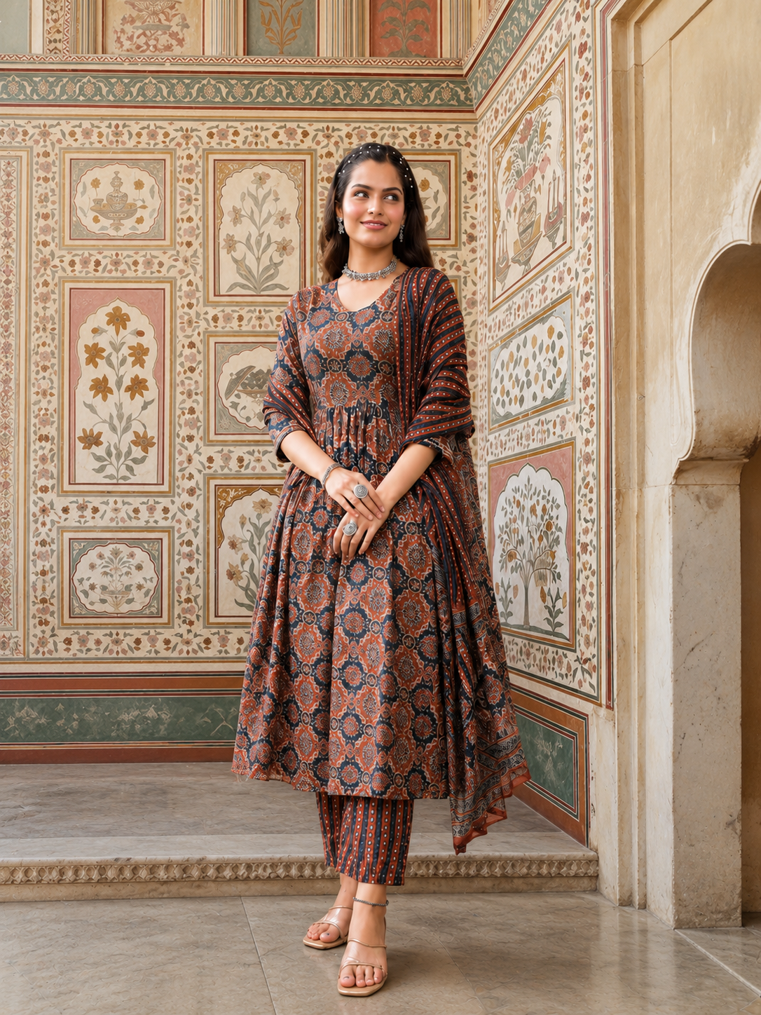 PURE COTTON AJRAKH PRINT ANARKALI KURTI WITH FULL FLAIR
