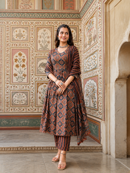 PURE COTTON AJRAKH PRINT ANARKALI KURTI WITH FULL FLAIR