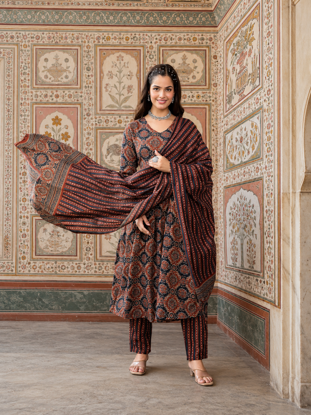 PURE COTTON AJRAKH PRINT ANARKALI KURTI WITH FULL FLAIR