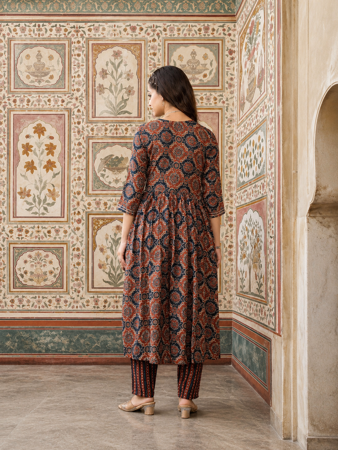 PURE COTTON AJRAKH PRINT ANARKALI KURTI WITH FULL FLAIR