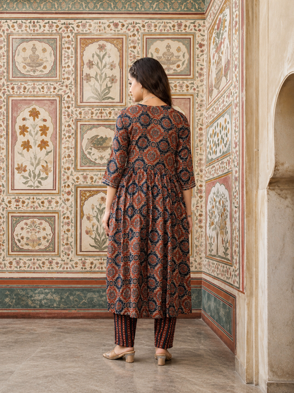 PURE COTTON AJRAKH PRINT ANARKALI KURTI WITH FULL FLAIR