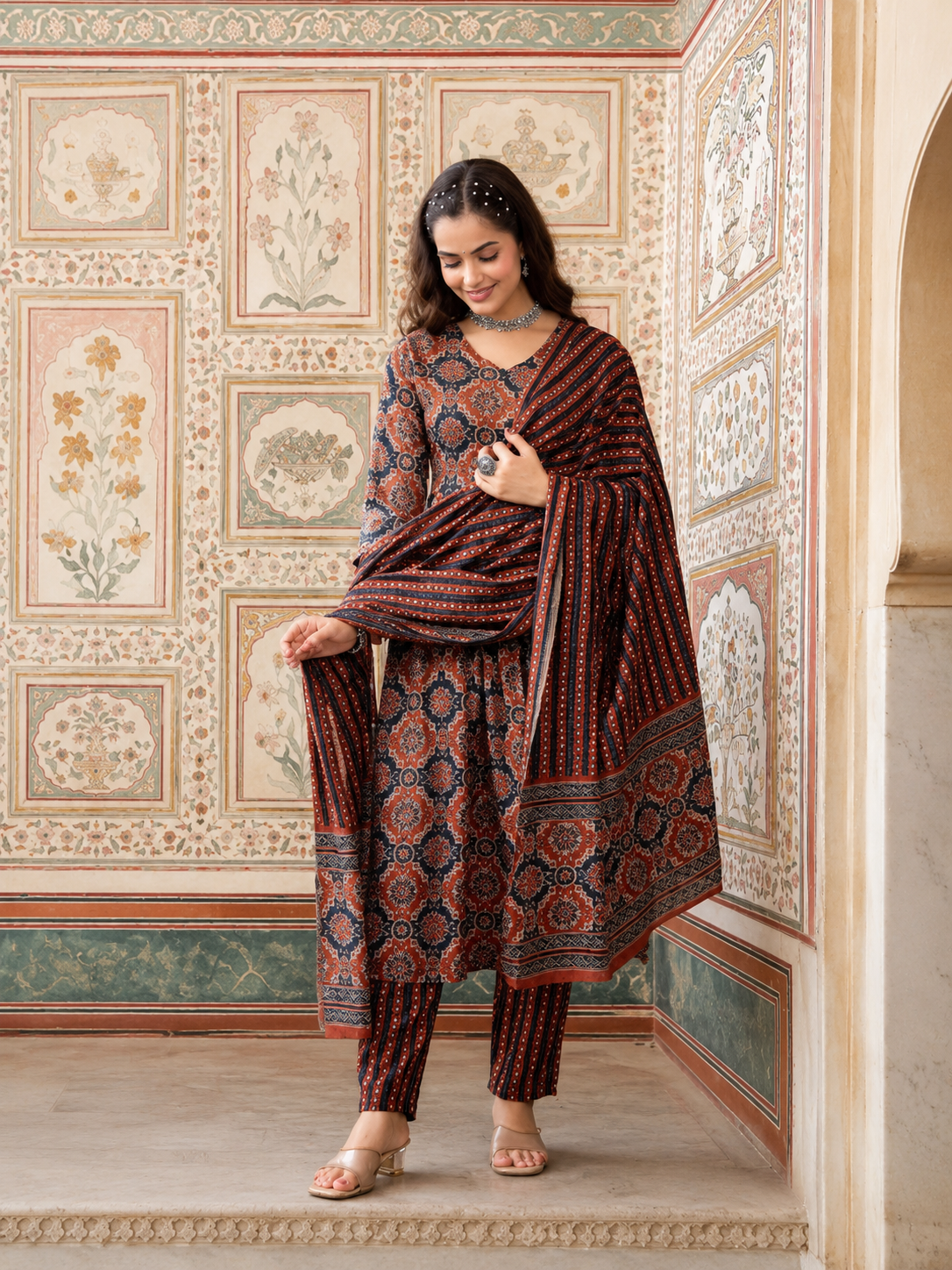 PURE COTTON AJRAKH PRINT ANARKALI KURTI WITH FULL FLAIR