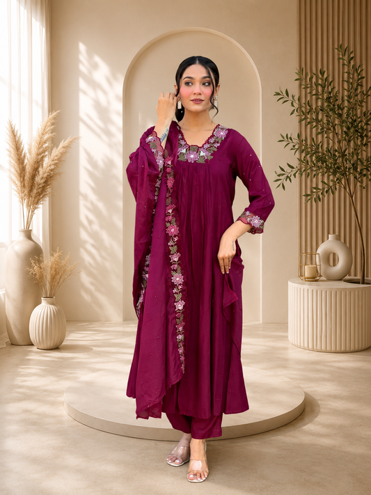 WINE COTTON ANARKALI KURTA SET WITH EMBROIDERED YOKE