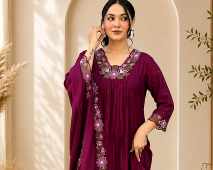 WINE COTTON ANARKALI KURTA SET WITH EMBROIDERED YOKE