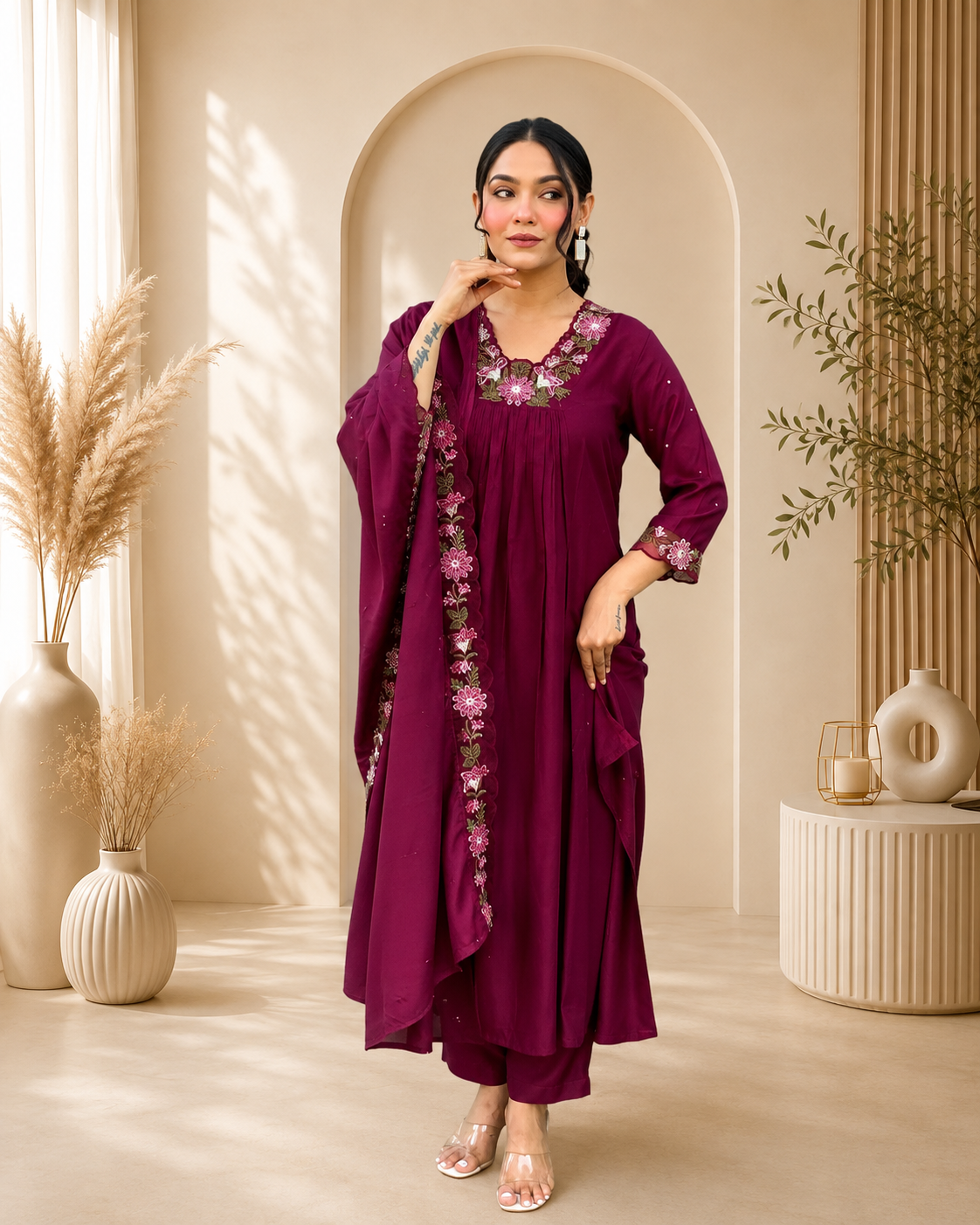 WINE COTTON ANARKALI KURTA SET WITH EMBROIDERED YOKE