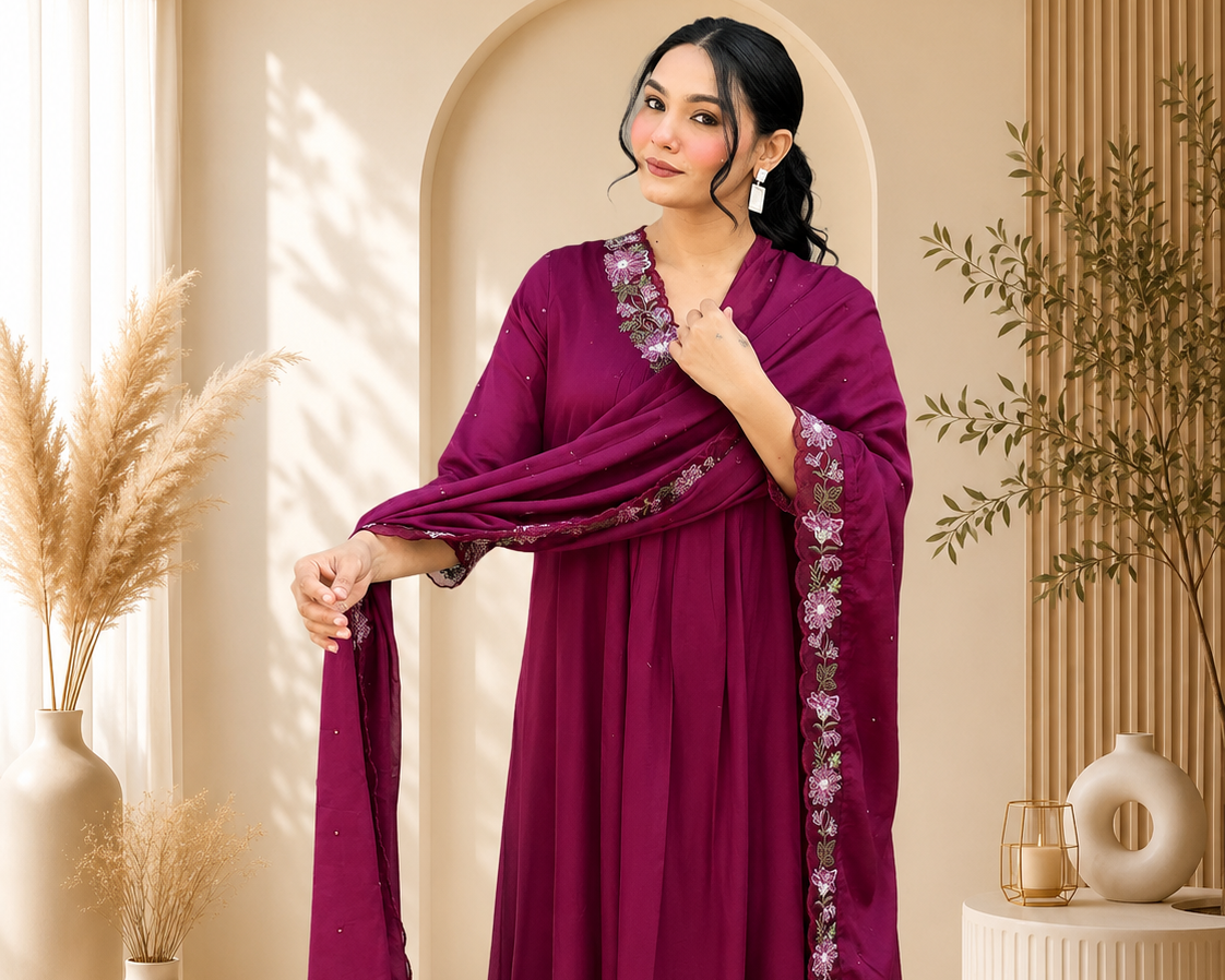 WINE COTTON ANARKALI KURTA SET WITH EMBROIDERED YOKE