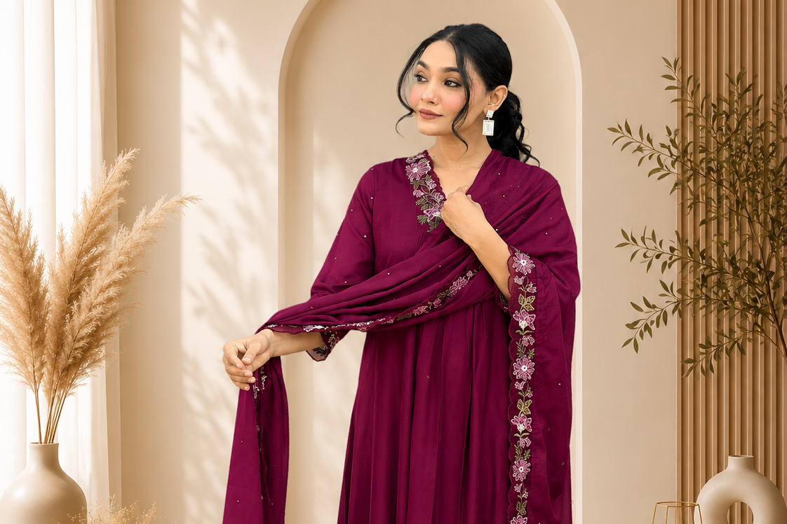 WINE COTTON ANARKALI KURTA SET WITH EMBROIDERED YOKE