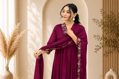 WINE COTTON ANARKALI KURTA SET WITH EMBROIDERED YOKE