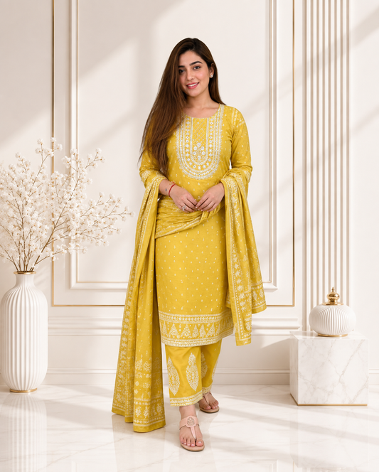 YELLOW PRINTED COTTON STRAIGHT KURTA SET WITH SEQUIN MIRROR WORK