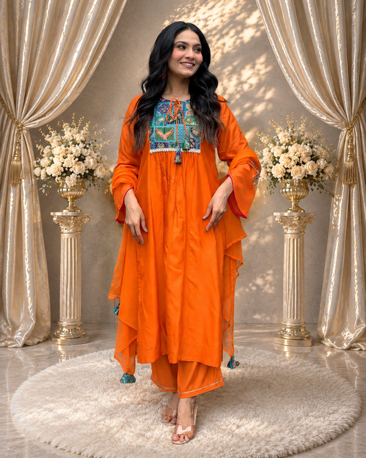 ORANGE EMBROIDERED ANARKALI KURTA SET