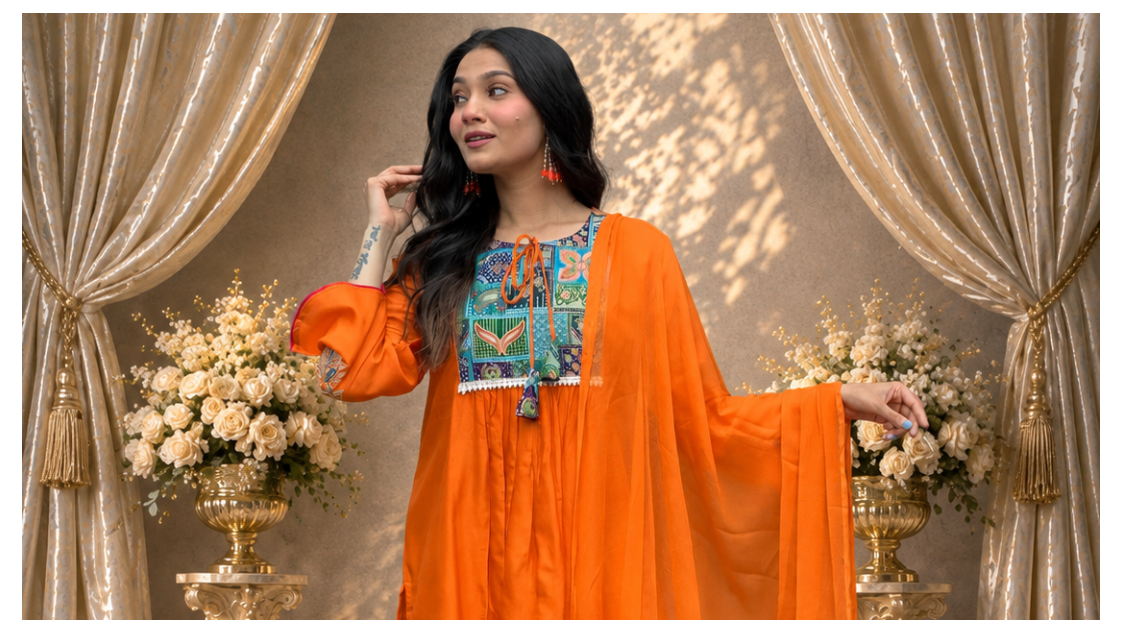 ORANGE EMBROIDERED ANARKALI KURTA SET