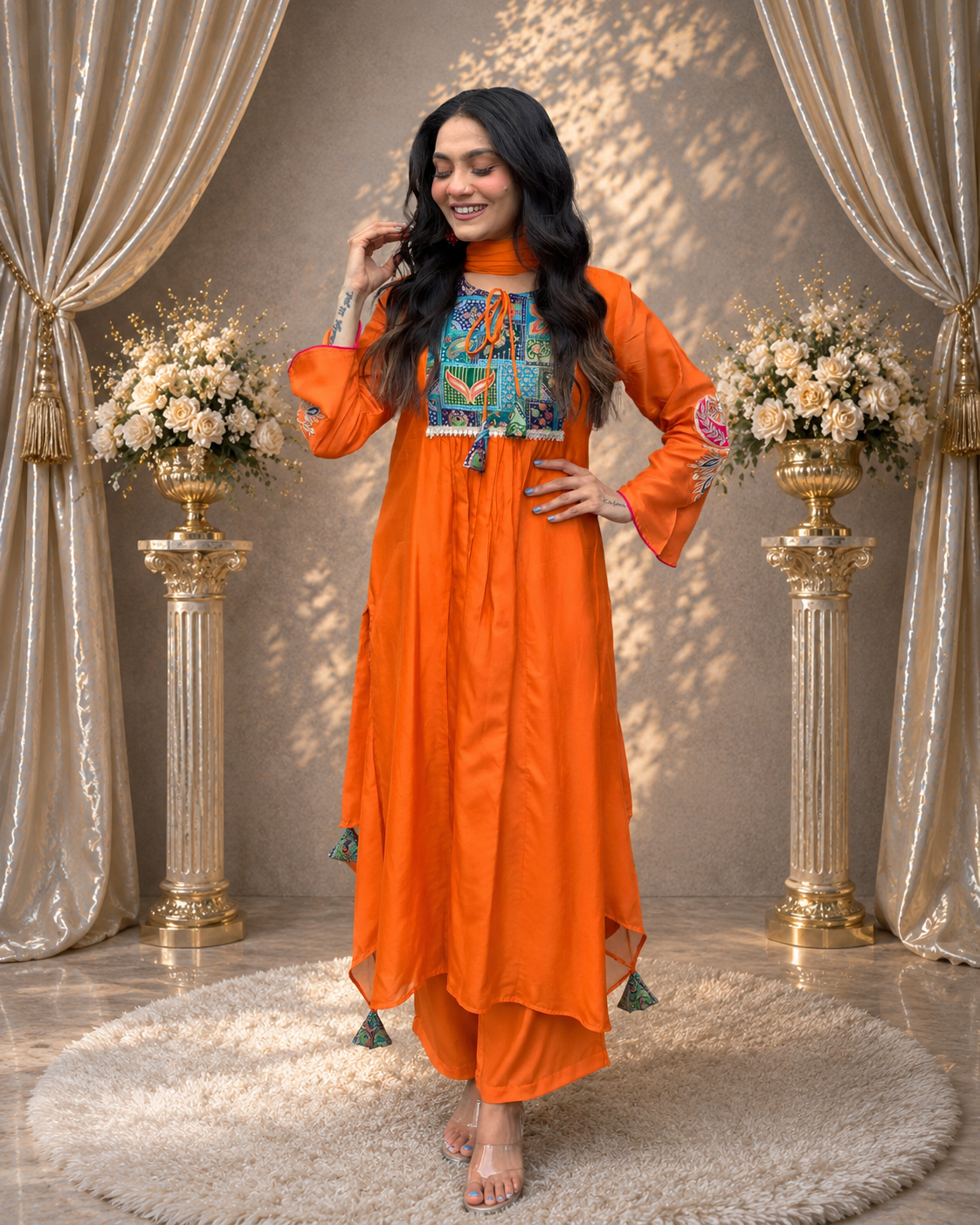 ORANGE EMBROIDERED ANARKALI KURTA SET