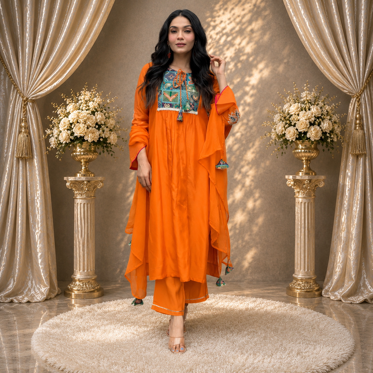 ORANGE EMBROIDERED ANARKALI KURTA SET