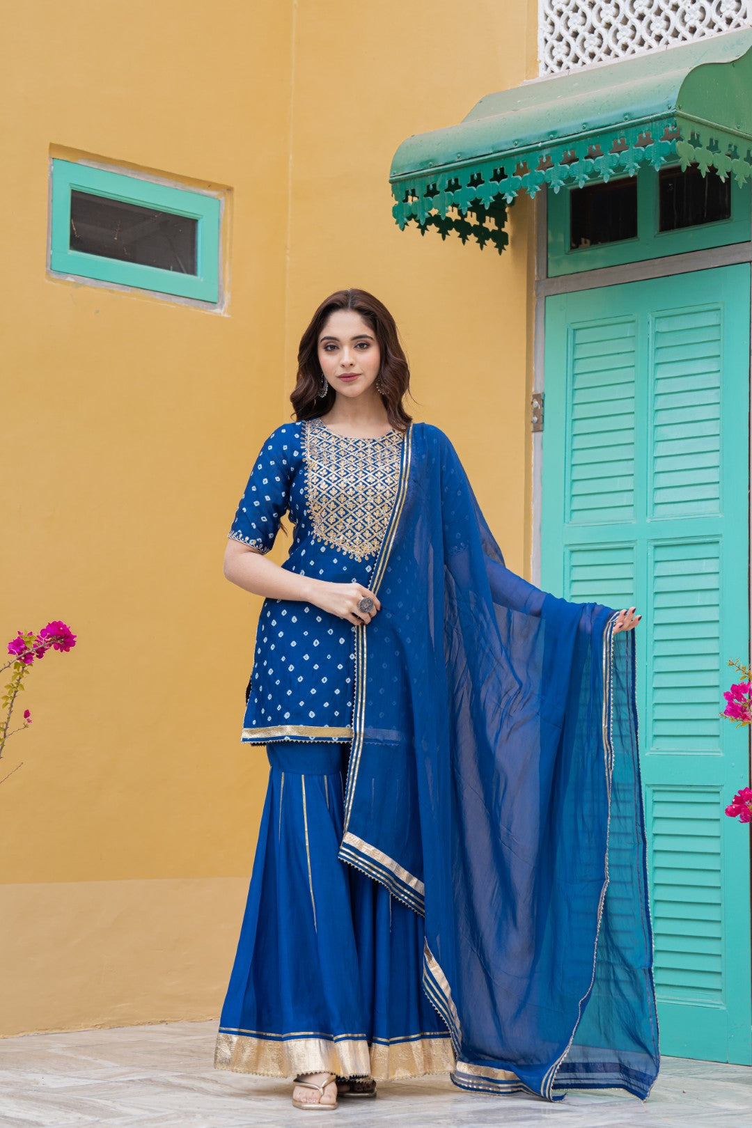 CRESTY STUNNING NAVY BLUE BANDHANI KURTA SHARARA SET