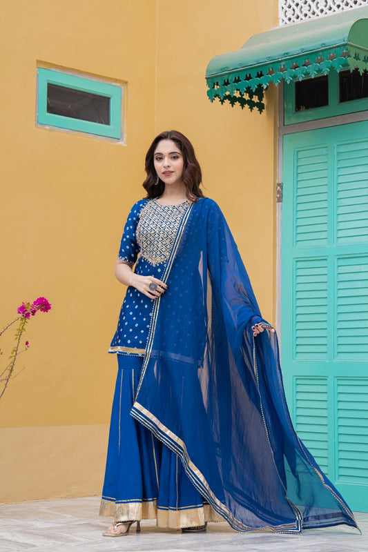 CRESTY STUNNING NAVY BLUE BANDHANI KURTA SHARARA SET